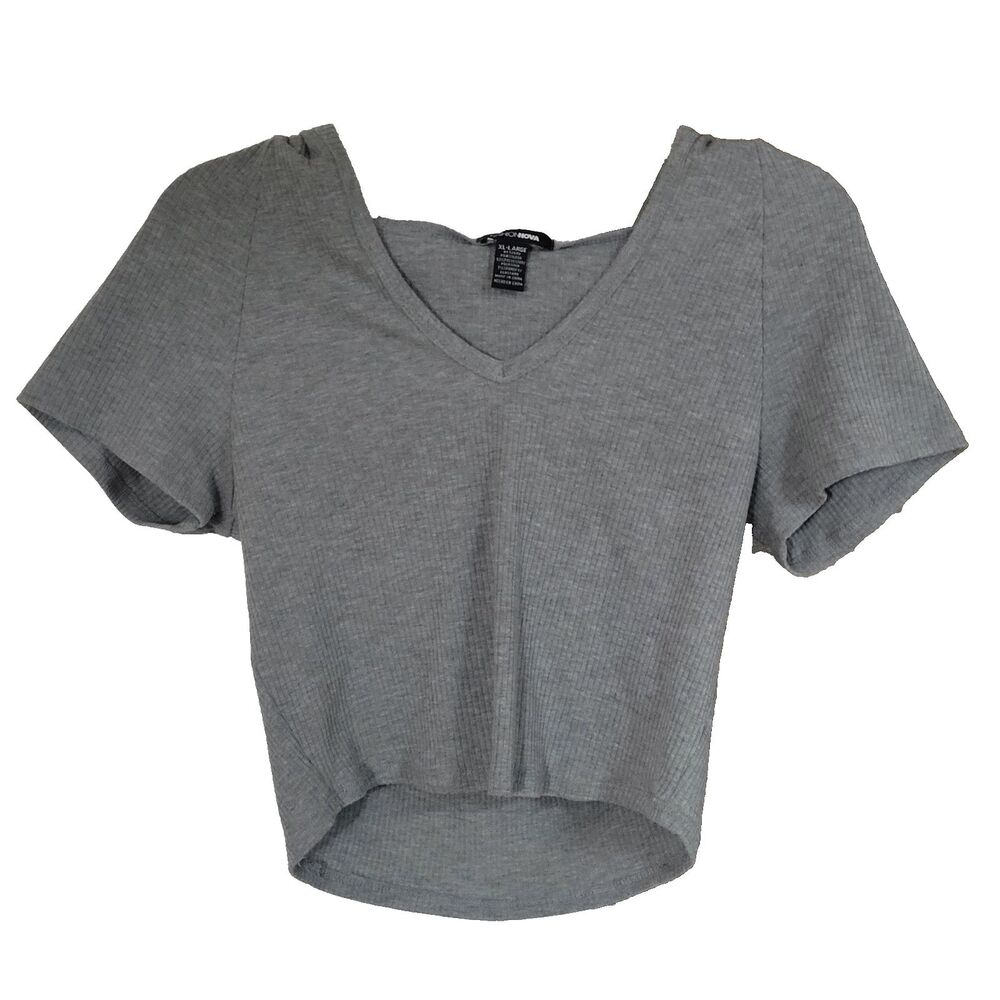 Fashion Nova Cropped Hoodie Shirt Women Juniors XL Gray Ribbed Knit Short Sleeve